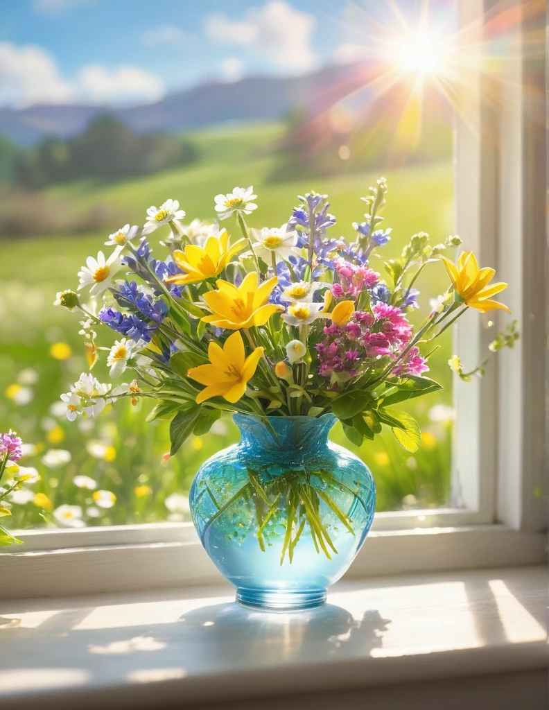 Close-up shot of a delicate flower vase sitting on a windowsill, filled with a variety of vibrant spring flowers. The window opens up to a picturesque meadow in full bloom, with a clear blue sky and warm sunlight streaming in, casting a soft glow on the scene. The background features a stunning bokeh effect, adding a dreamy quality to the sunlit landscape outside. The overall composition captures the essence of spring's beauty and serenity.