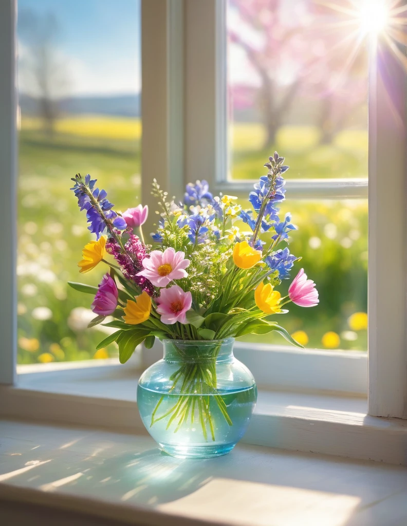 Close-up shot of a delicate flower vase sitting on a windowsill, filled with a variety of vibrant spring flowers. The window opens up to a picturesque meadow in full bloom, with a clear blue sky and warm sunlight streaming in, casting a soft glow on the scene. The background features a stunning bokeh effect, adding a dreamy quality to the sunlit landscape outside. The overall composition captures the essence of spring's beauty and serenity.