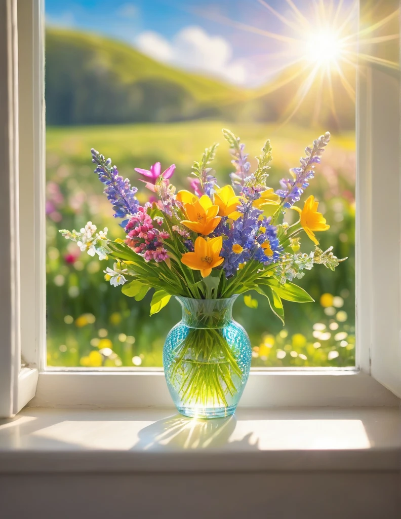 Close-up shot of a delicate flower vase sitting on a windowsill, filled with a variety of vibrant spring flowers. The window opens up to a picturesque meadow in full bloom, with a clear blue sky and warm sunlight streaming in, casting a soft glow on the scene. The background features a stunning bokeh effect, adding a dreamy quality to the sunlit landscape outside. The overall composition captures the essence of spring's beauty and serenity.
