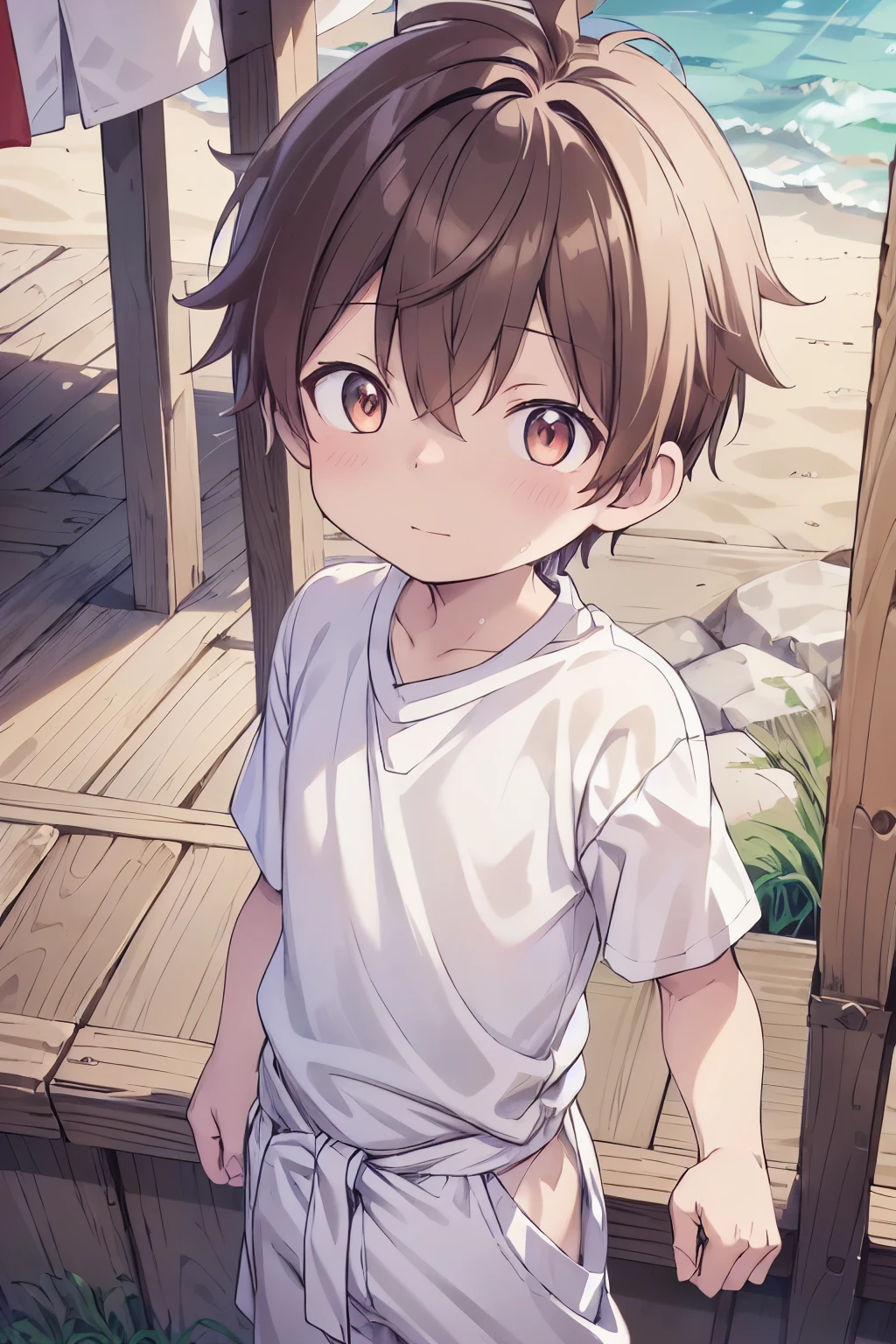 1boy, aoi, masterpiece, ultra detail, male focus, soccer shirt, adorable captivating, light brown hair , red eyes , white albine skin, japanese style, steam smork, japan style, anime coloring, shy, home muji style, detailed face, white towel on waist,white silk, outdoor, sweat, 