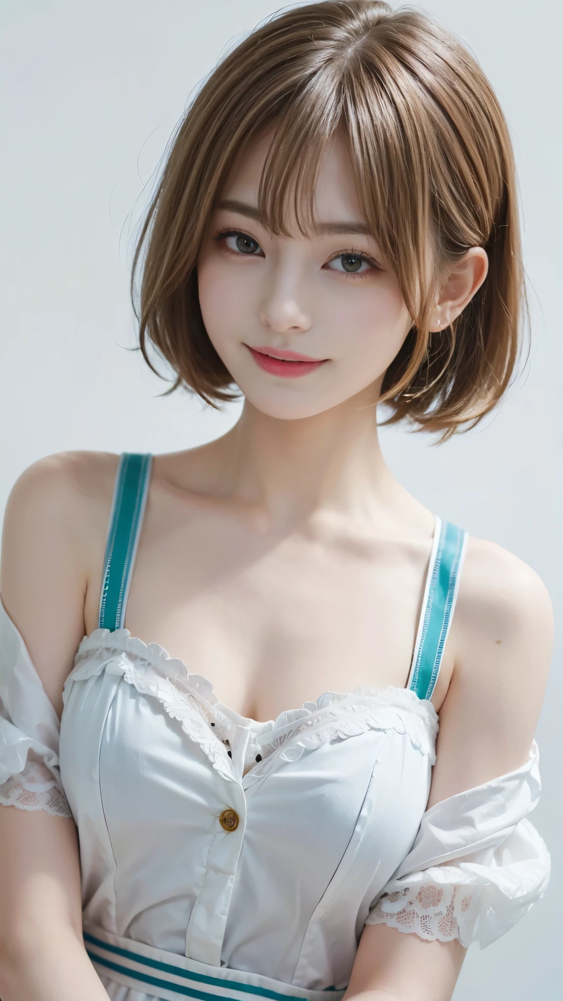 ((highest quality、Masterpiece、High resolution))、(((Zoom photo of upper body)))、(A shy smile:1.2)、One 15-year-old female、Beautiful Skin、Beautiful Eyes、Shoulder shirt、Blonde Hair、Trimmed bangs