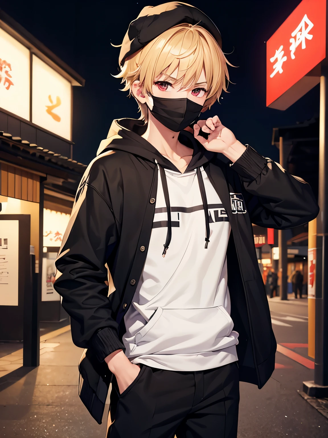 1boy,handsome,18 years old,half body photo,half body photo,Perfect face, HD face, ultra detailed face, short hair, blonde hair, messy hair, bright red eyes,Black hoodie,plain hoodie,, black mask,black mask, Black hat,casual hat, black trousers, standing at the Japanese festival venue,At night,ultra detailed, ultra HD