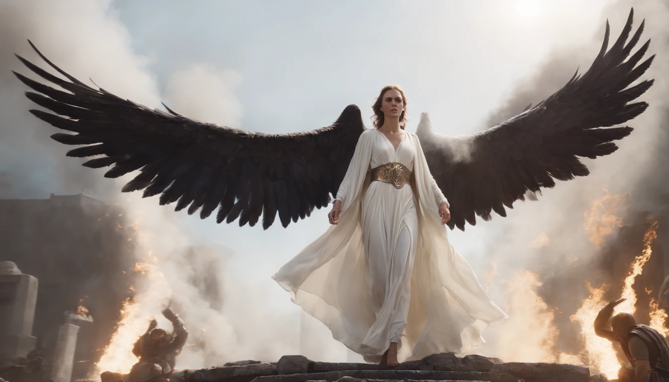 a warrior angel of light in white clothes and a warrior angel of darkness wearing black clothes fighting, cinematic, 4k, Steven Spielberg epic film, sharp focus, emitting diodes, smoke, sparks, racks, system unit, motherboard , by pascal blanche rutkowski repin artstation hyperrealism painting concept art detailed character design vibrant painting, Blade Runner in 4K resolution