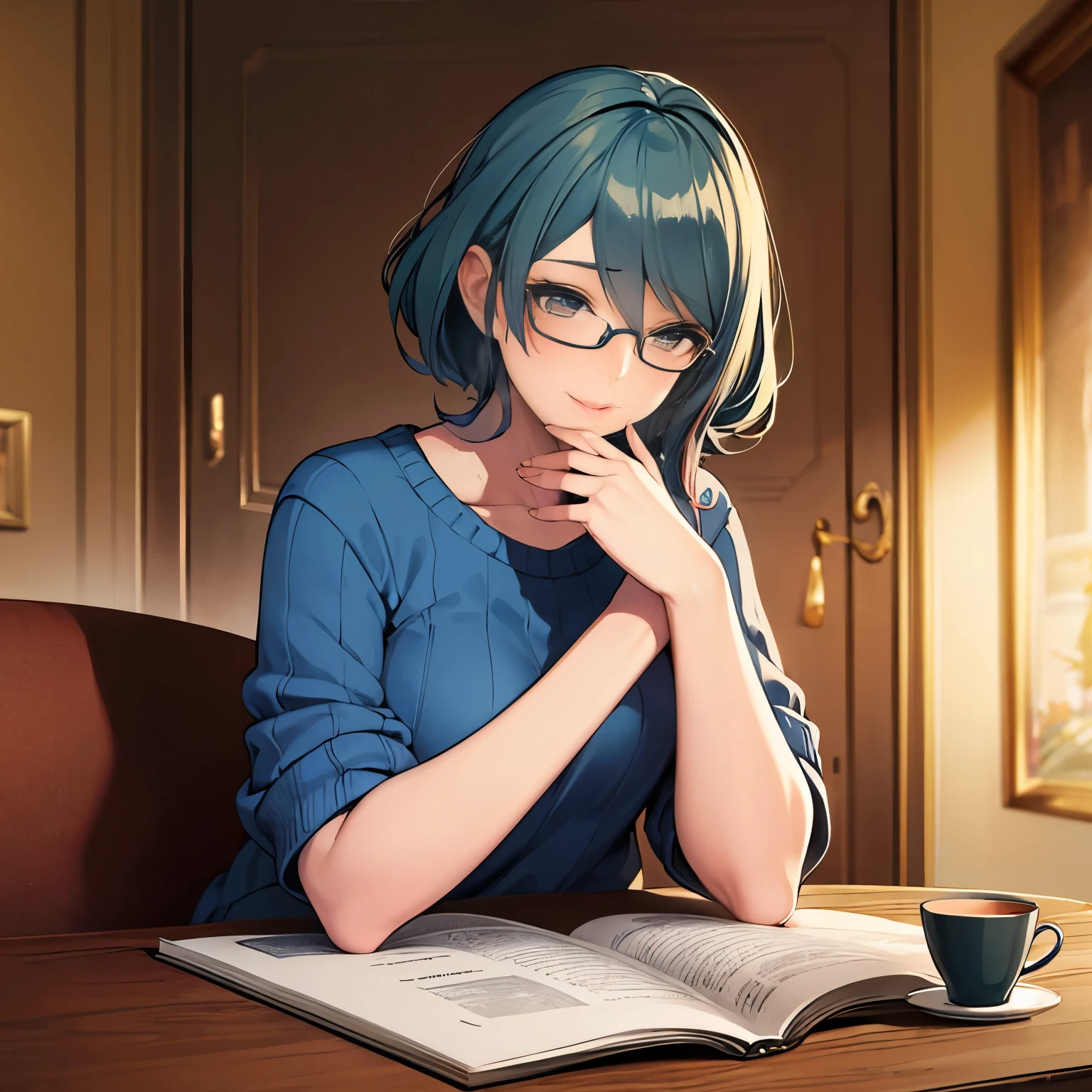 Tamaki (dead or alive), blue sweater, glasses, sit, Holding tea, (high quality), (masterpiece)