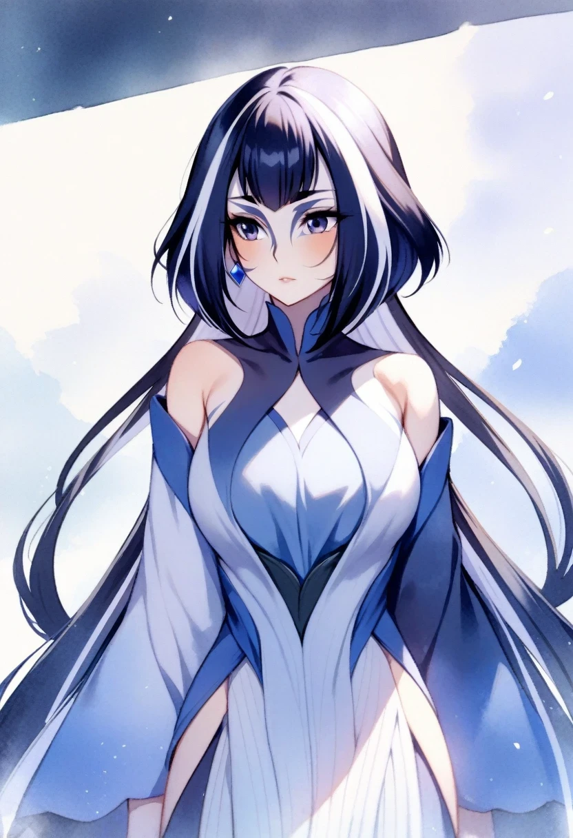 (shylily/(Twich/):1.5),(masterpiece:1.2),(best quality:1.2), watercolor (Moderate), 1 girl, Chest, Solitary, Semi-long hair, ,, earrings, Bangs, Jewelry, skirt, Bare shoulders, Sleeveless, Hair between the eyes, Single Scapula, looking at the audience, large Chest, armor, shoulder armor, Sleeveless skirt, Upper Body, single sleeve, white skirt, Scapula,