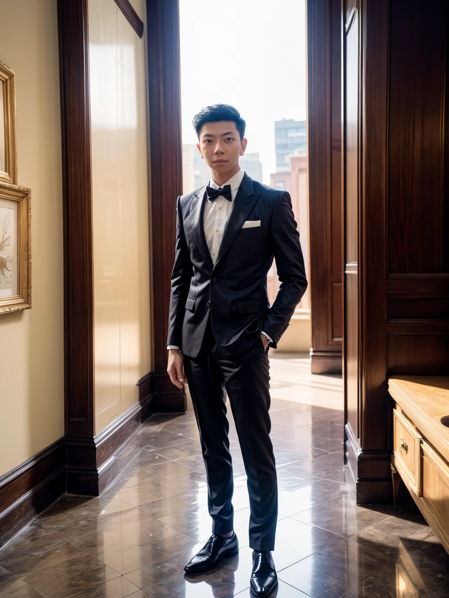 (best quality,4k,8k,highres,masterpiece:1.2), ultra-detailed, (realistic,photorealistic,photo-realistic:1.37), an asian young man, wearing a stylish and sophisticated gentleman suit, detailed eyes and face, charismatic smile, perfectly groomed facial hair, exquisite tailoring of the suit, shiny leather shoes, elegant posture, confident and refined demeanor, bustling city background, golden evening sunlight, vibrant colors, dramatic shadows, atmospheric lighting, cinematic composition.