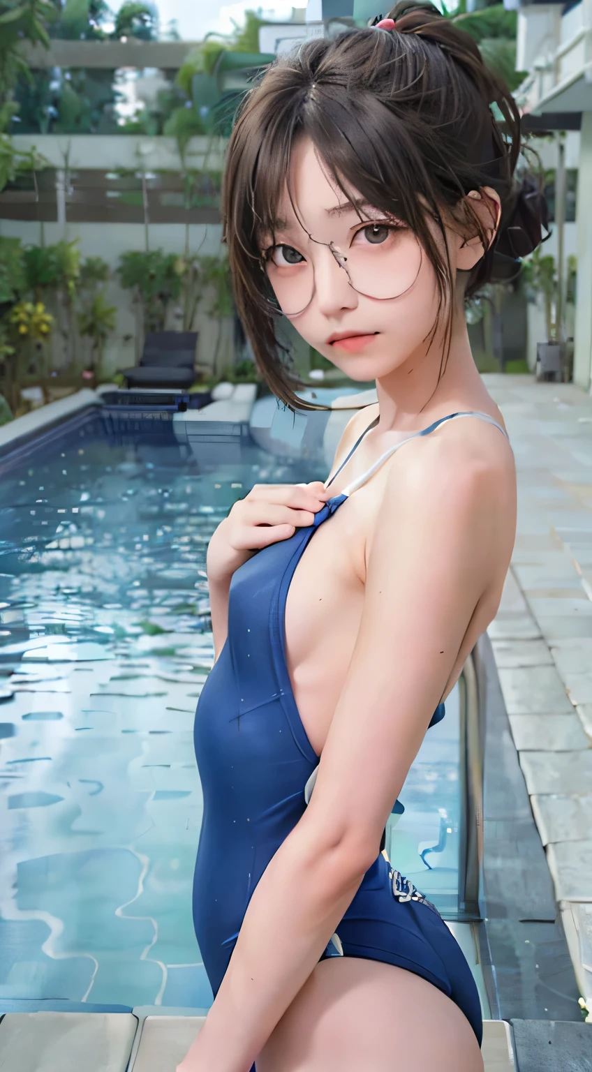 highest quality, RAW Photos, Realistic, face, Incredibly beautiful girl, cute, length Hair,ponytail，Glasses，Written boundary depth, High resolution, Super detailed, detailed, Very detaileded, extremely detaileded eye and face, Sharp pupils, Realistic students, Sharp focus, Cinema Lighting, Japanese, Short Woman,  Physical build, Short arms, length, Narrow eyes, Fleeting atmosphere, 15 years old, Brown bob hair, ((thin lips)), White top and bottom underwear, masterpiece, highest quality, Detailed skin, Detailed face, fine grain, 8k, Excellent anatomy, Upper body portrait，flat breasts, small breasts, small,( small bust: 1.2), small bust, (slim, small, flat, small), thin, Delicate and sexy collarbone, One Girl, (beautiful girl, Delicate girl:1.3), (15 years old:1.3),
break, (One Piece Swimwear, Swimwear:1.2),
break, (Pool:1.3),
break, Very beautiful eyes, (Symmetrical eyes:1.3),
break, , Brown eyes, Parted bangs, Brown Hair, (Upper teeth, The best smile:0.2),
break, (Eyes and face detail:1.0),
break, (masterpiece, highest quality, Super detailed, Detailed face, 8k)