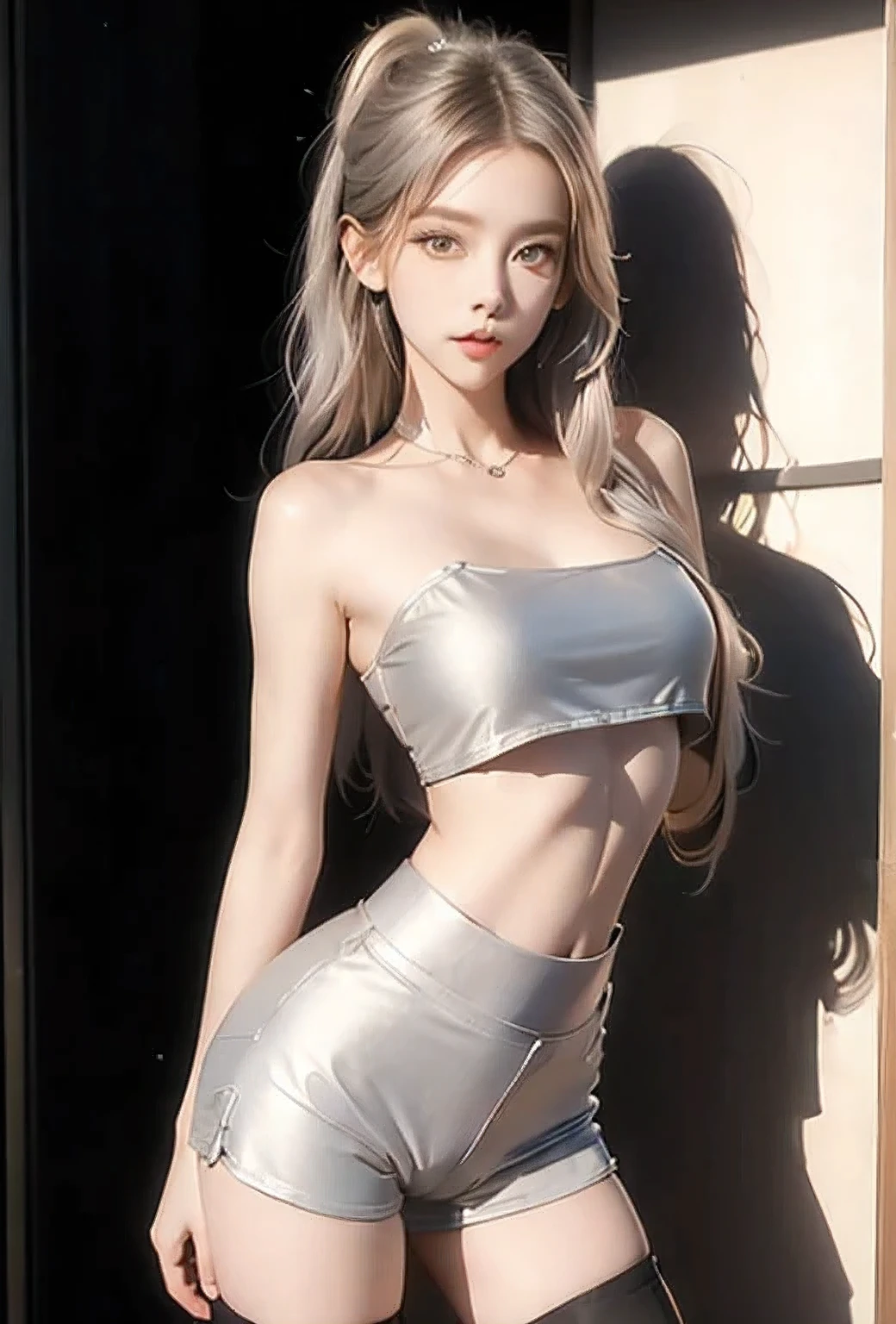 Beautifully saturated photos by Emily Soto, (Cute Japan idol woman), clavicle, (mature:1.3), highest quality, humid, Fascinating,skinny, smile, no_panties, Large Breasts, (masterpiece),(highest quality),(((Pussy:1.3))), ((photoRealistic)), One girl, (Silver Hair:1.2), (Waist-length hair:1.5), Big Ass, Gray background, lips, Realistic, A konigsreuter, (Crop tube Top:1.6), (High-Waisted Shorts and thighhighs:1.5), (from avobe:1.5)