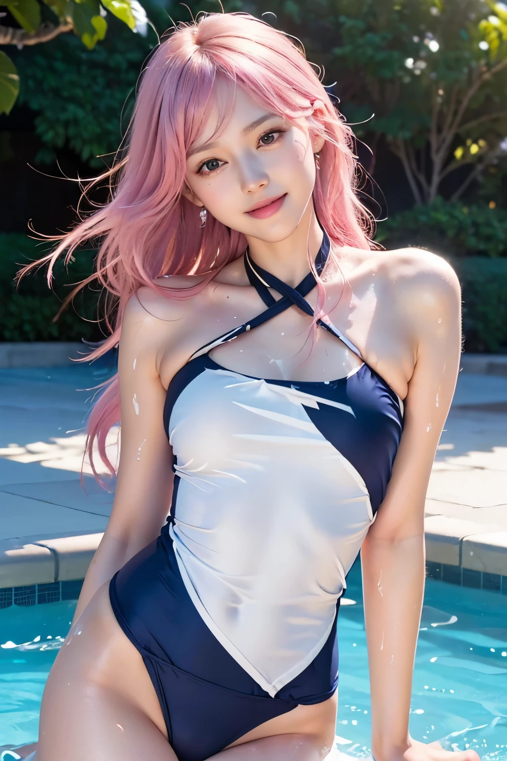 (8k, highest quality, masterpiece:1,2), (Realistic, Photorealistic:1.37), Super Detail, One Girl,), (Very detailedな), (Beautiful and detailed eyes), (highest quality), (Very detailed ), (masterpiece), (Detailed face),20-year-old, ,1 girl, ((Pink Hair,Long Hair)), Medium chest, Dressed, Perfect lighting, break, (Navy blue:1.2), (white trim:1.2), (Anchor Pattern:1.2), (spandex:1.2), (Shiny school swimsuit:1.5), (Deep neckline:1.5),( Very shiny:1.2), (high cut leg:1.5), (Bodycon:1.3), (Ribbon Details:1.2), (No socks:1.1), (Navy heels:1.1), (Gold Jewelry:1.1), brake, (From the upper body to the knees:1.2), (long Pink Hair:1.2), (Wavy Hair:1.1), (Captivating smile:1.3), (Look down:1.2), (Tilt your hips:1.4), (Put your hands on the straps of your swimsuit:1.3), (Put one foot in front of the other:1.2), (Soft lighting:1.2), (Pool background:1.1), brake (Sweat:1.5),