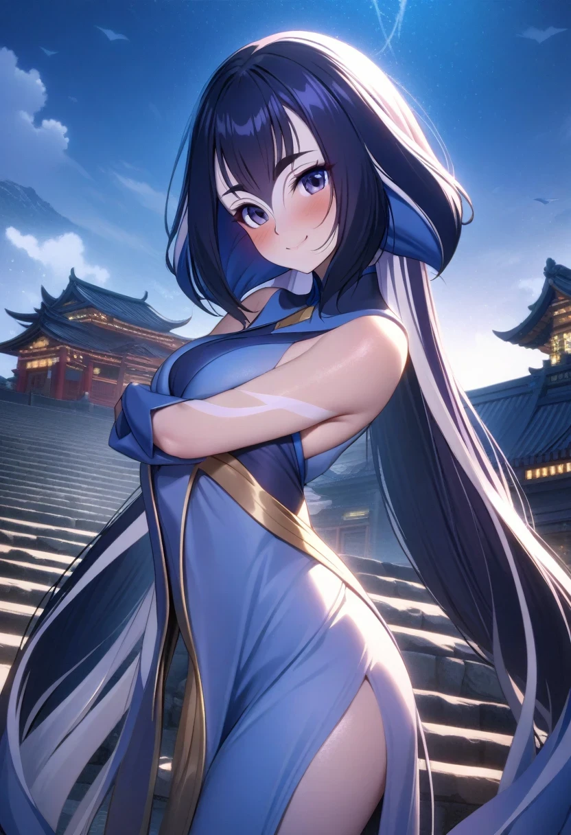 (shylily/(Twich/):1.5),(masterpiece:1.2),(best quality:1.2),Upper Body, Smile, blush, outdoor, sky, Simple background, 蓝sky, long hair, Sky, temple, View Viewer, stairs, Mood lighting, Braided hair, Smile, blush, Sexy pose, Show Armpits,