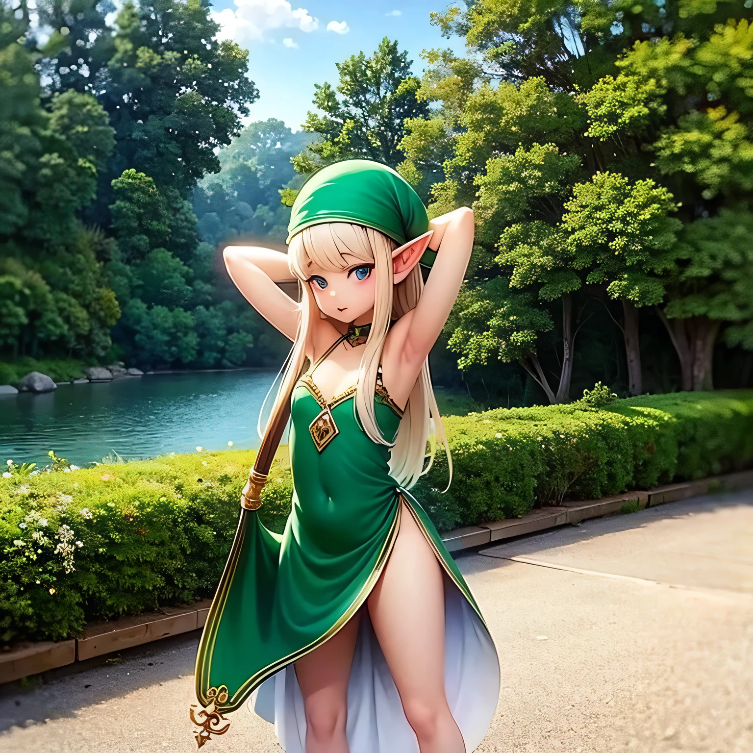 Cute elf with big 、Sexy poses by the water、There is a small bird nearby