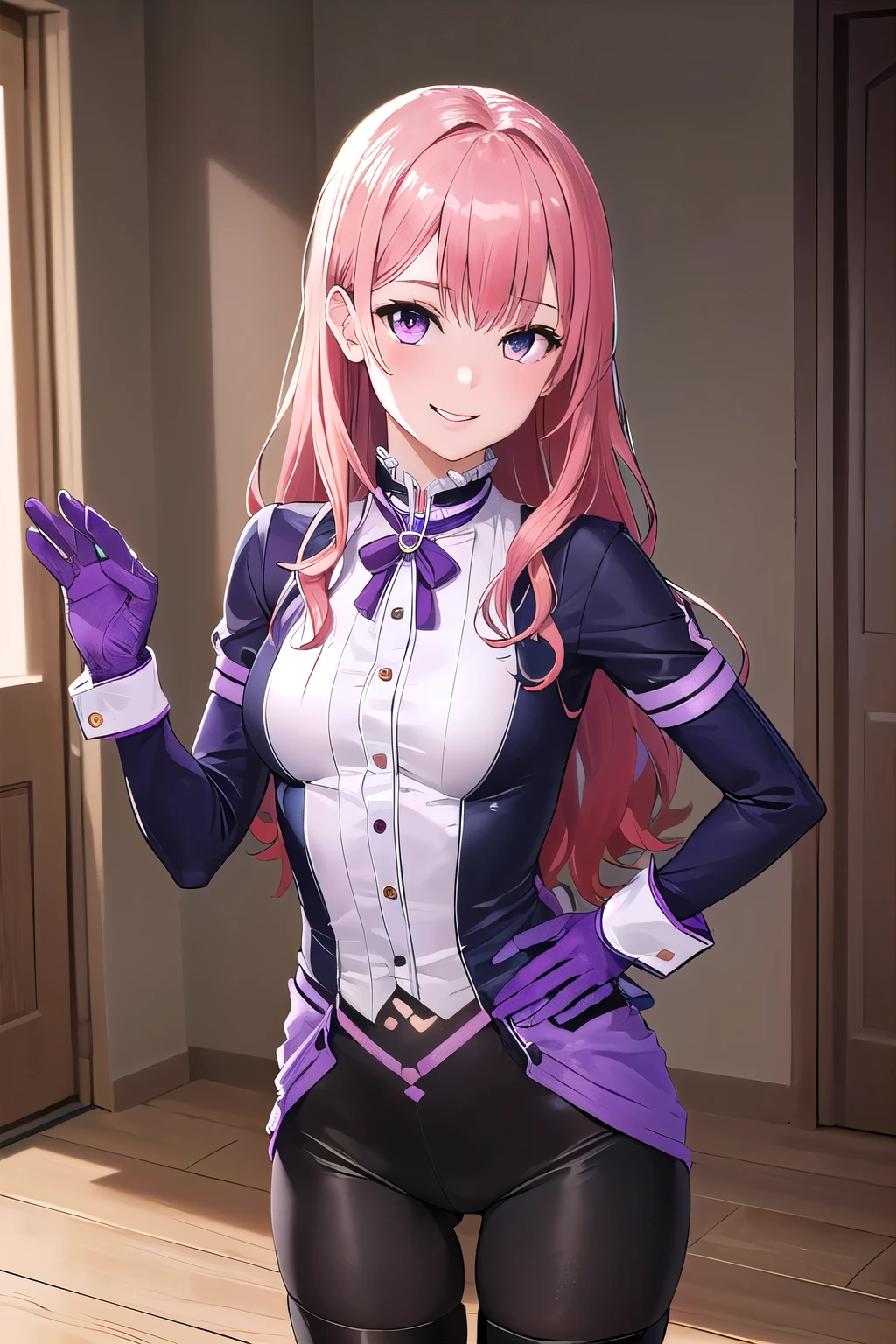 (8K, top-quality, masterpiece:1.2), (reallistic, Photorealsitic:1.37), Super Detail, One girl,), (Highly detailed), (beautifully detailed eyes), (of the highest quality), (super detailed ), (masterpiece), (Detailed face),20yr old, ,1 girl, ((pink hair,long hair)), medium breasts, clothed, Perfect Lighting, BREAK, (purple color scheme:1.5), (mystical, elegant:1.2), (lightweight, durable fabrics:1.2), (glossy bodysuit:1.2), (sheer blouse:1.2), (tight leggings:1.3), (sleek silhouette:1.2), (metal logos:1.1), (purple ribbons:1.1), (knee-high socks:1.2), (heeled boots:1.2), (gloves:1.1), (statement jewelry:1.1), BRAKE, (upper body to thighs:1.2), (pink hair, long, wavy:1.3), (smile:1.2), (face forward:1.3), (extended arm, imaginary button:1.2), (hand on hip:1.2), (purple, secretive room:1.3), (geometric logos:1.2), (front lighting:1.2)