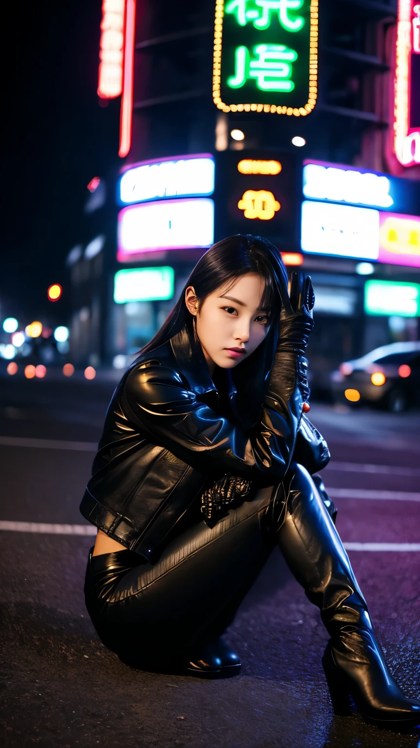 black leather rider jacket, Office in the Dark, Black leather gloved fingertips on both hands,Wearing black leather gloves,Sitting in a black leather chair、 Japanese female new recruits (Black leather gloves cover both hands) (The angle is horizontal)、Black Leather Pants,Black Leather Black Leather Pants,Black Leather Skinny Pants、Long black leather boots on both feet、Black hair ponytail ((He wears black leather gloves on his hands))Full Body Photo,full body shot full body full body leather suit,☺If you turn in this direction。Wearing black leather gloves,Wearing black leather gloves,Wearing black leather gloves,Wearing black leather gloves,Wearing black leather gloves,Wearing black leather gloves,黒のレザーパンツが美しい😍黒のレザーパンツが美しい😍黒のレザーパンツが美しい,😍Smiling while looking at me,City lights、((Neon Cyberpunk City Street:1.3))、(Neon Light)、Detailed lighting、
Best image quality、Ultra-high resolution、(realism:1.4)、Korean Beauty Star、The most beautiful KPOP stars、face、Horny Korean Makeup、A body that makes you want to touch it、Realistic leather texture、Costume made of smooth leather fabric、The drape of the curved parts of the leather fabric、The costume is very shiny、Quality of the costume、8K Photo Quality