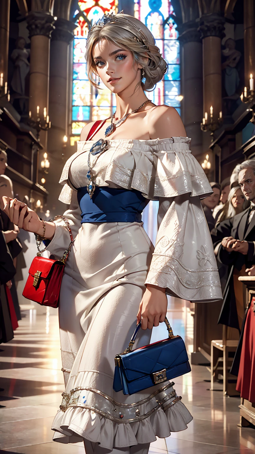 The church of Vétheuil、Claude Monet、White woman、Silver Hair、Wear an off-the-shoulder bodycon outfit、blue eyes、Holding a red handbag、smile、One Length