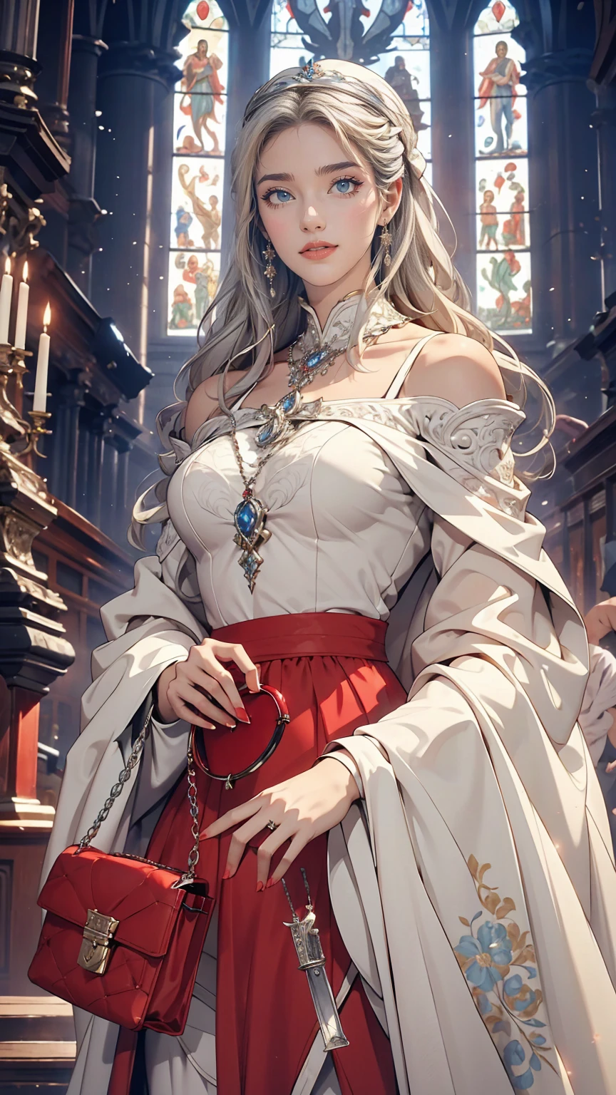 The church of Vétheuil、Claude Monet、White woman、Silver Hair、Wear an off-the-shoulder bodycon outfit、blue eyes、Holding a red handbag、smile、One Length