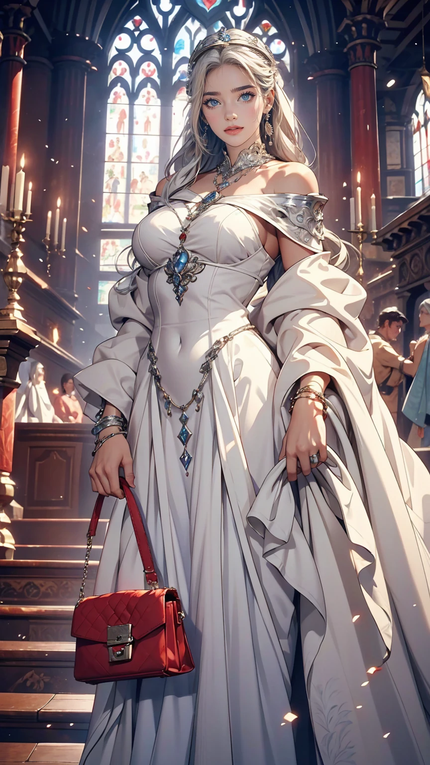 The church of Vétheuil、Claude Monet、White woman、Silver Hair、Wear an off-the-shoulder bodycon outfit、blue eyes、Holding a red handbag、smile、One Length