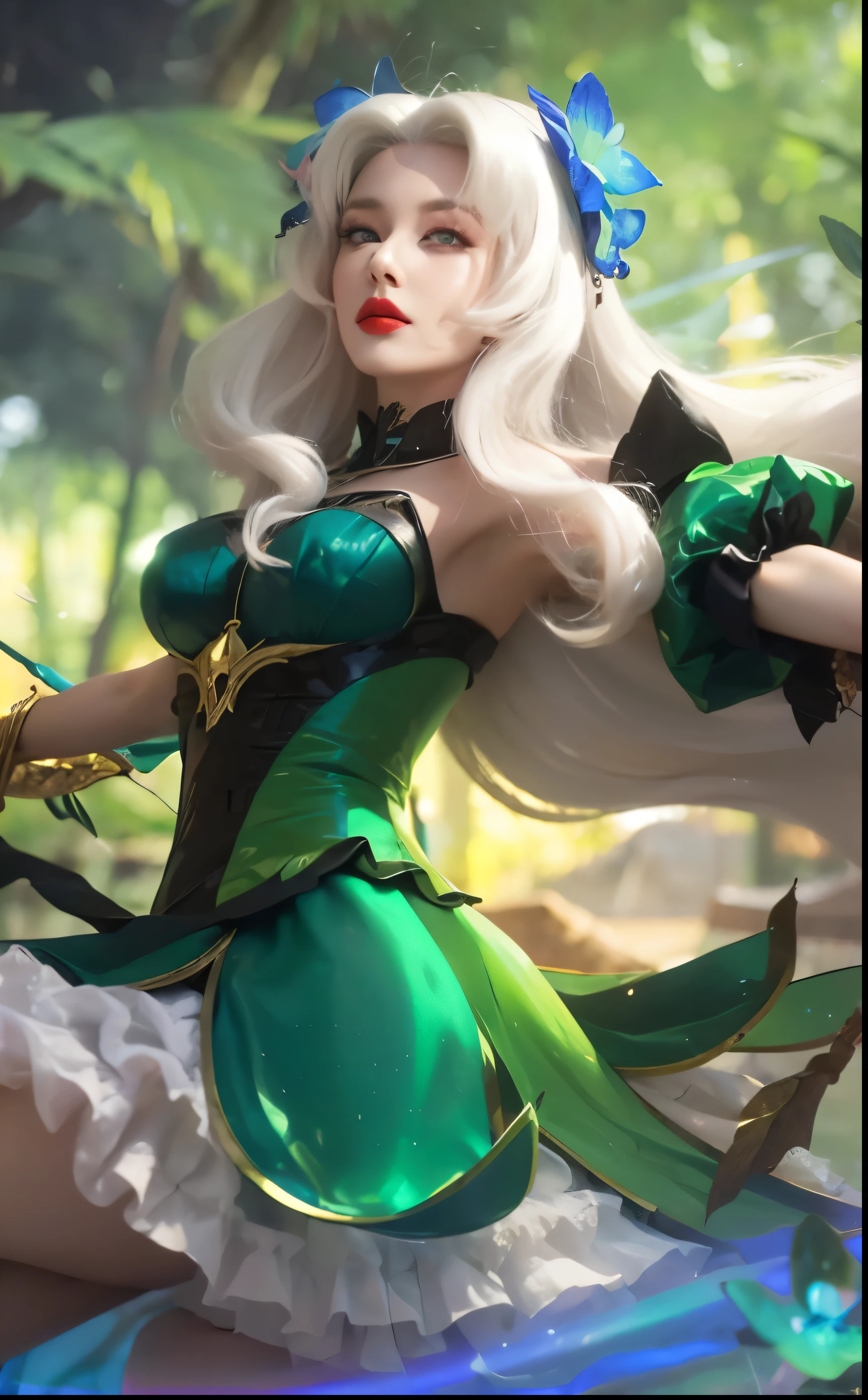 A beautiful english woman,red lips,white hair, super realistic, high detailed