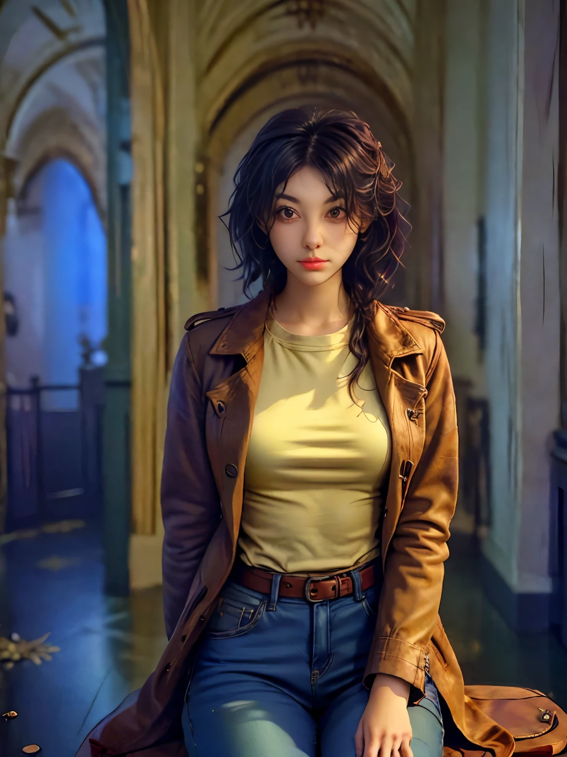 (suspense scene ((CONCEPT ART)), extremely detailed with a girl wearing jeans with brown coat and boots), (better lighting, better shadow, an extremely delicate and scary), (digital illustration), ((4k painting)), [(dynamic angle,((1girl)),white hair, (beautiful face, perfect face, scared,) expression of fear, torn clothes, a gun in hand, sitting on the floor, darkness, scary house),  [:(dark, mysterious, game paint, sinister setting, jagged corridors, big house, deadly silence):]