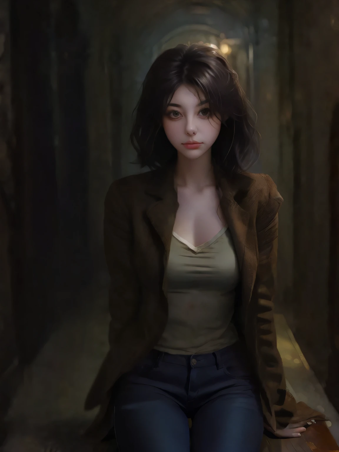 (suspense scene ((CONCEPT ART)), extremely detailed with a girl wearing jeans with brown coat and boots), (better lighting, better shadow, an extremely delicate and scary), (digital illustration), ((4k painting)), [(dynamic angle,((1girl)),white hair, (beautiful face, perfect face, scared,) expression of fear, torn clothes, a gun in hand, sitting on the floor, darkness, scary house),  [:(dark, mysterious, game paint, sinister setting, jagged corridors, big house, deadly silence):]