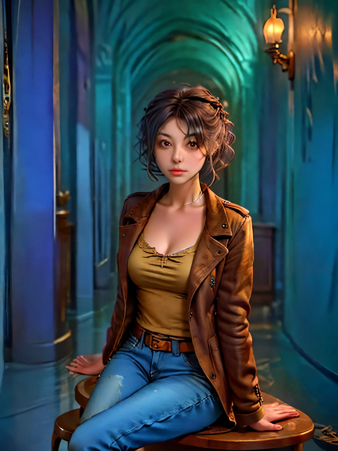 (suspense scene ((CONCEPT ART)), extremely detailed with a girl wearing jeans with brown coat and boots), (better lighting, better shadow, an extremely delicate and scary), (digital illustration), ((4k painting)), [(dynamic angle,((1girl)),white hair, (beautiful face, perfect face, scared,) expression of fear, torn clothes, a gun in hand, sitting on the floor, darkness, scary house),  [:(dark, mysterious, game paint, sinister setting, jagged corridors, big house, deadly silence):]