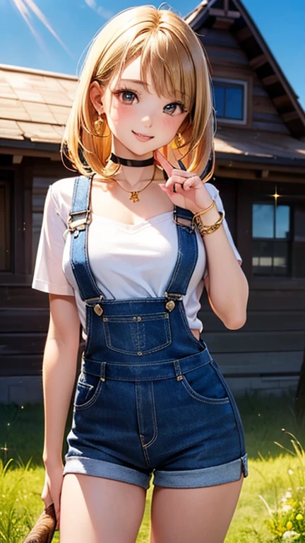 A girl is posing for a photo, cute***, Enchanting girl, 

(Blonde, asymmetrical hair, floating hair), (Red eyes), 
(Shiny Blue Overalls:1.2、Shorts、White T-shirt:1.4、sneakers)、thick black choker、Red Gem Earrings、Gold Necklace、Gold Bracelet、

(((highest quality)), ((masterpiece)), (Very detailed), (High resolution), (Beautiful detailed sparkle), (High detail), (Anatomically correct)), ((Realistic)), ((The best CG)), Ultra-detailed art, CG illustration, 16k, 1080P, Oil paints:1.2,   

(((One Woman))), 
(Symmetrical facial features, Perfect Face), Beautiful clavicle, (Beautiful fingers), (Beautiful breasts, (Ｃcup)), 
Beautiful body, Beautiful thighs, Beautiful feet, Perfect round butt, (((Detailed skin, Oily skin, Textured skin, Beautiful Skin))), 

(((Baby Face, cute, ************))), 
(Droopy eyes, Expression of fine eyes, Beautiful and delicate eyes, Sparkling eyes, Eye Reflexes), 
(Beautiful Nose,Thin Nose), 
(Glossy Lips, Beautiful Lips, thick lips), 

(Beautiful Hair, Shiny Hair, Shiny Hair), Hair fluttering), 

(smiley, laughing, blush),  
BREAK 

(noon、(Vast grassland, Log house)), ((Standing under the blue sky, Upward glance, Cowboy Shot))
