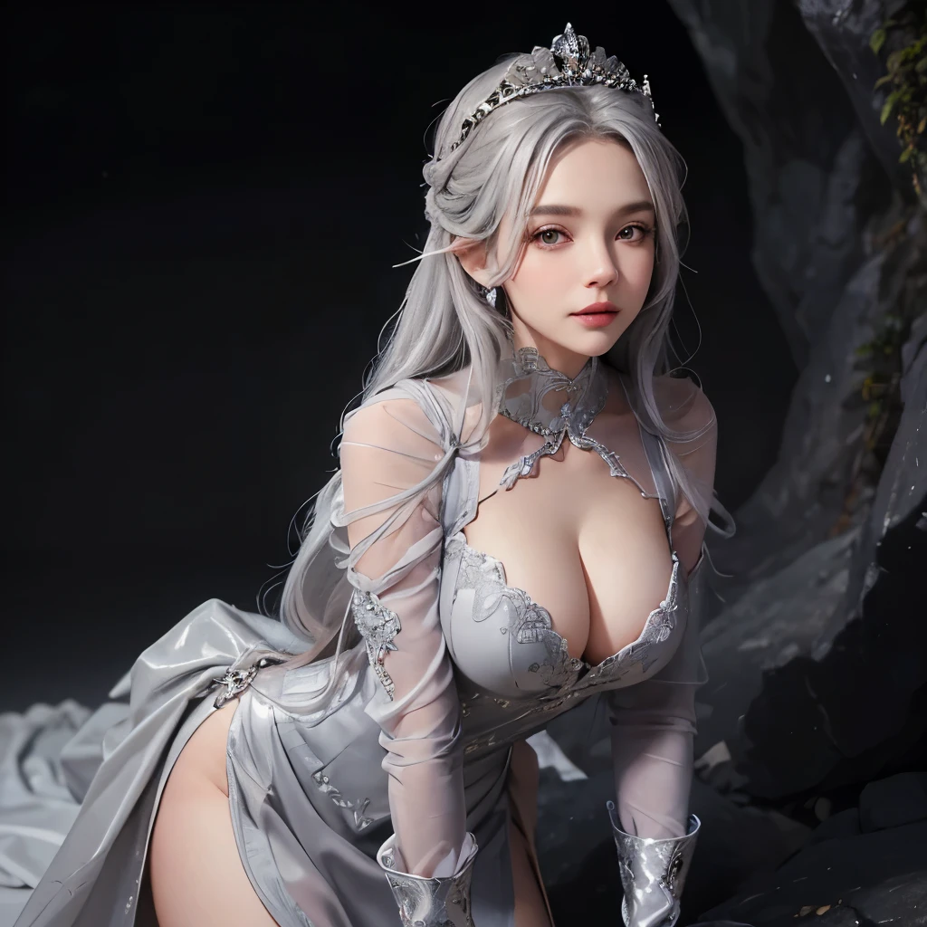 Girl, silver and gray dress, topless, gray hair, tiara, glove, chokes, gray long sleeves, ear wear, detailed hand, oval face, detailed face, parted smile lips, picture form top to knee, sexy standing pose, large breasts, look at camera, camera from below, detailed, dark cave background, photorealistic, best quality