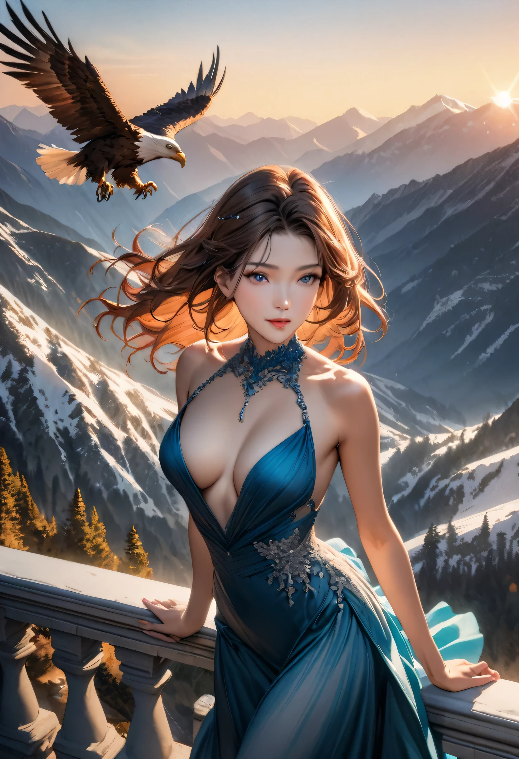 "The scene is set in the French Alps during a beautiful evening. A young woman of 20, with an incredible beauty, stands on a balcony overlooking the mountain range. She has auburn hair that falls in long, luxurious waves, and striking blue eyes. She is wearing a stunning evening gown that accentuates her figure and her, let's say, generously proportioned chest. The sun is setting, casting a reddish glow over the mountain peaks. A pair of eagles soars above the balcony, adding a touch of wildlife to this serene setting."
masterpiece, best quality,intricate details,realistic, extremely detailed 8k CG unity wallpaper, watercolor effect,