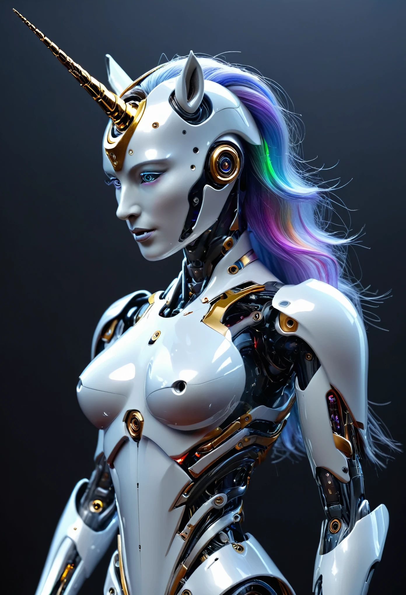 (best quality,4k,highres,masterpiece:1.2),ultra-detailed,(realistic,photorealistic:1.37), A breathtakingly beautiful female humanoid unicorn cyborg android, (a shimmering unicorn horn:1.8), porcelain skin, striking eyes, delicate features, futuristic sci-fi, intricate mechanical parts, glowing cybernetic implants, elegant and graceful pose, hyper-realistic, photorealistic, masterpiece, 8k, ultra-detailed, cinematic lighting, dramatic shadows, vivid colors, highly saturated, neon highlights, glowing energy fields, complex machinery, sleek and modern, cutting-edge technology, advanced AI, seamless integration of organic and mechanical elements