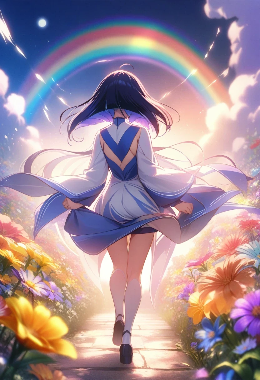(shylily/(Twich/):1.5),(masterpiece:1.2),(best quality:1.2),Melody Mark,best quality,Fragments flying,1 female、Solitary,A beam of light spreads,Crystals spread outward from the center,prism,(Nostalgic scene:1.5),(Colorful flowers:1.5),(Full Moon: 1.2),(rainbow: 1.3),(warm light: 1.2),You turn around and start walking,No verbal communication required,我nside my shaking heart,Cry like ,do not go,我 turned my back and started walking,我 have to go before my tears fall,
