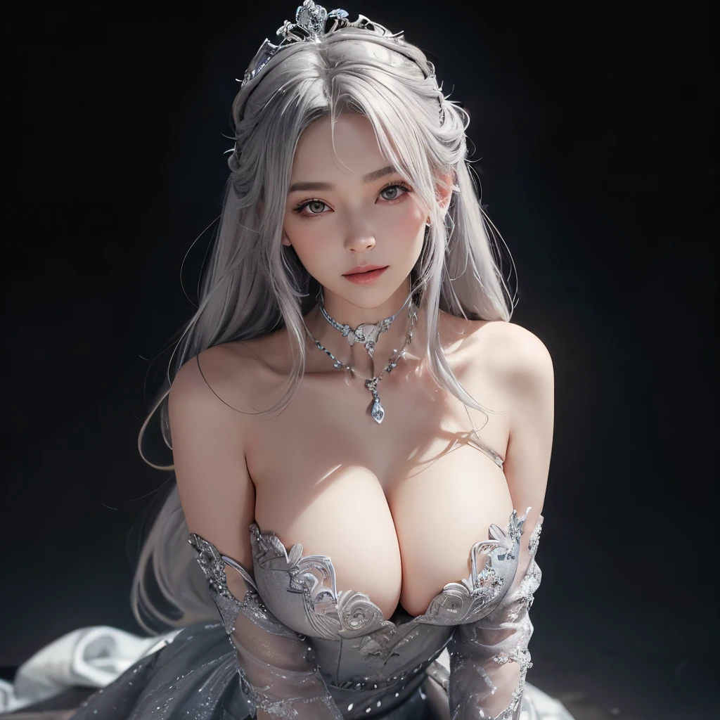 Girl, silver and gray dress, topless, gray hair, tiara, glove, chokes, gray long sleeves, ear wear, detailed hand, oval face, detailed face, parted smile lips, picture form top to knee, y standing pose, large breook at camera, camera from below, detailed, dark cave background, photorealistic, best quality