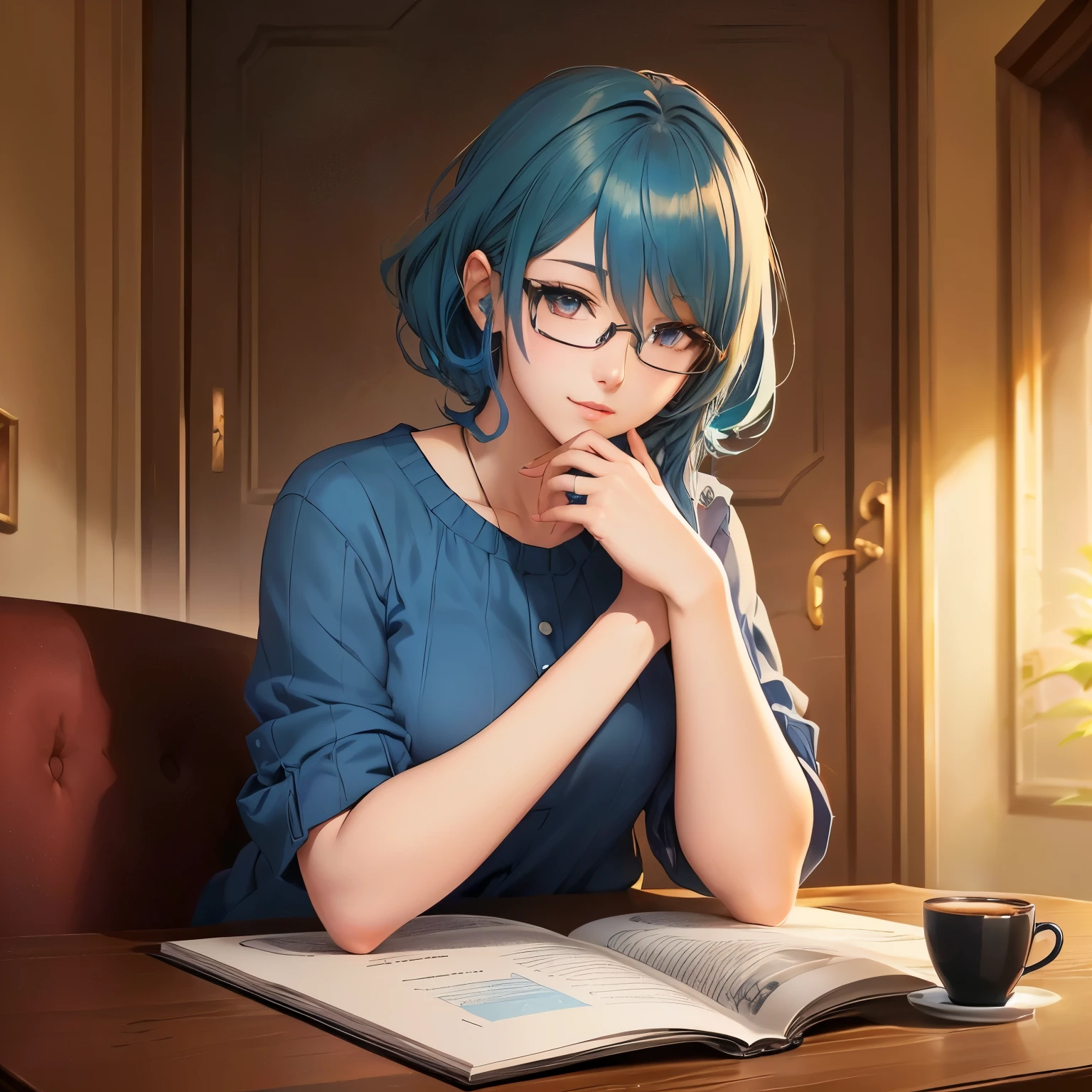 anime girl with blue hair and glasses sitting at a table with a book, anime moe artstyle, smooth anime cg art, high quality portrait, mysterious coffee shop girl, ; visual novel, painted in anime painter studio, visual novel cg, digital anime illustration, high detailed official artwork, portrait of an anime girl, official character art, crisp clear rpg portrait