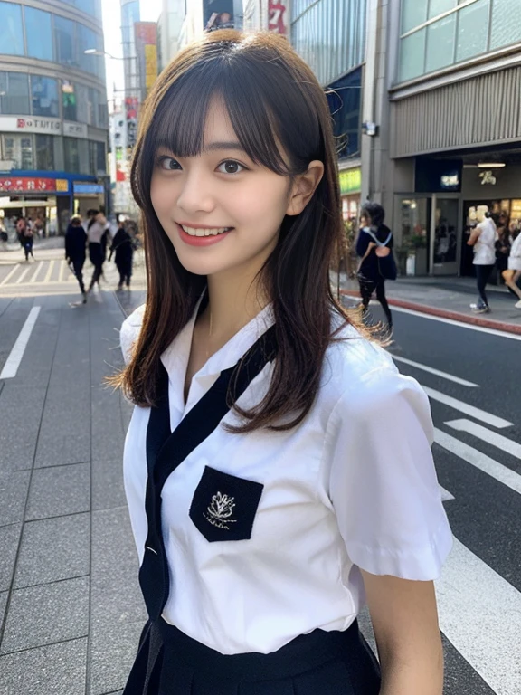最high quality、masterpiece、超A high resolution、(Photorealistic:1.4)、Highly detailed CG Unity 8k wallpaper、Detailed and complex、original、High resolution、Raw photo、(Perfect figure)、Detailed and complex,、Digital SLR、Soft Lighting、high quality、Film Grain、Leica Camera、50mm lens、Backlight、High resolution、Ultra-realistic、Color Grade、Dynamic Pose、Portrait、Japanese、Laughter、Lips、Bans、(Crowded Akihabara:1.2)、Front View Viewer、Natural soft light、With a girl、20-year-old、Full Body Lesbian、solo、 student kindergarten、uniform、Sailor collar、Bobby Socks、Pleated skirt、Daytime、in Street、Deep Shadow、cute、Beauty、Inconspicuous、Cold light 12000K \\ Street、Store status、Akihabara、Shinjuku、Shibuya Ward、Ikebukuro、smile