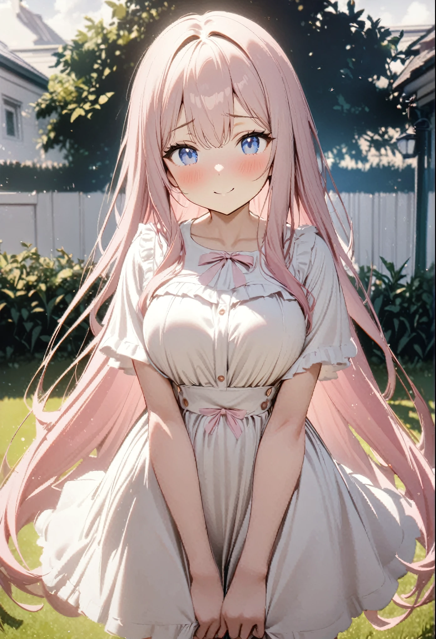 1 girl, (Girl is very curvy, slim, cute, beautiful and short), ((Girl has long pale pink hair))((long hair, reaching waist))((very pale colour of pink, almost white)), ((blue eyes)), ((Girl wears a cute white dress)), ((school grass yard)), looking at viewer, shy, smiling, 8k, masterpiece, ray tracing