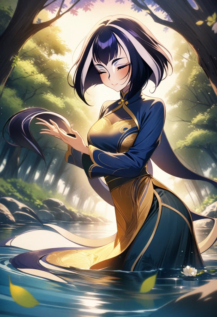 (shylily/(Twich/):1.5),(masterpiece:1.2),(best quality:1.2), Ink painting style, Fresh and elegant, Clear lake water, Cherry Blossom Sunset, Black cheongsam golden pattern girl, Let the wind blow your head, A forest dotted with green leaves, The birds are singing happily, Poetic scene