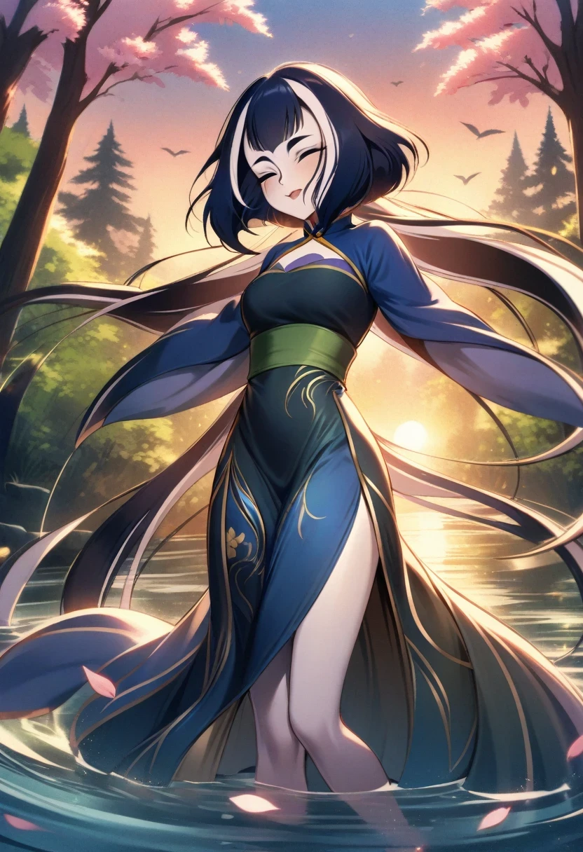(shylily/(Twich/):1.5),(masterpiece:1.2),(best quality:1.2), Ink painting style, Fresh and elegant, Clear lake water, Cherry Blossom Sunset, Black cheongsam golden pattern girl, Let the wind blow your head, A forest dotted with green leaves, The birds are singing happily, Poetic scene
