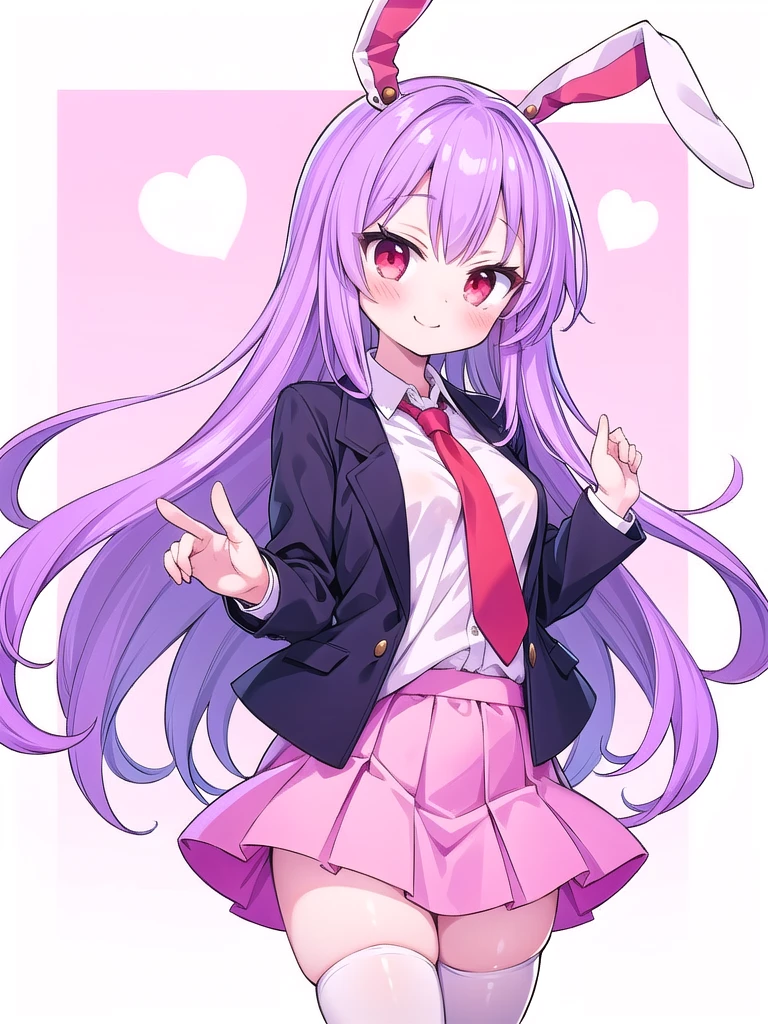 1girl, masterpiece, best quality, perfect hands, reisen udongein inaba, light purple hair, very long hair, rabbit ears, red eyes, black jacket, red necktie, white shirt, light pink skirt, white thighhighs, blush, smile