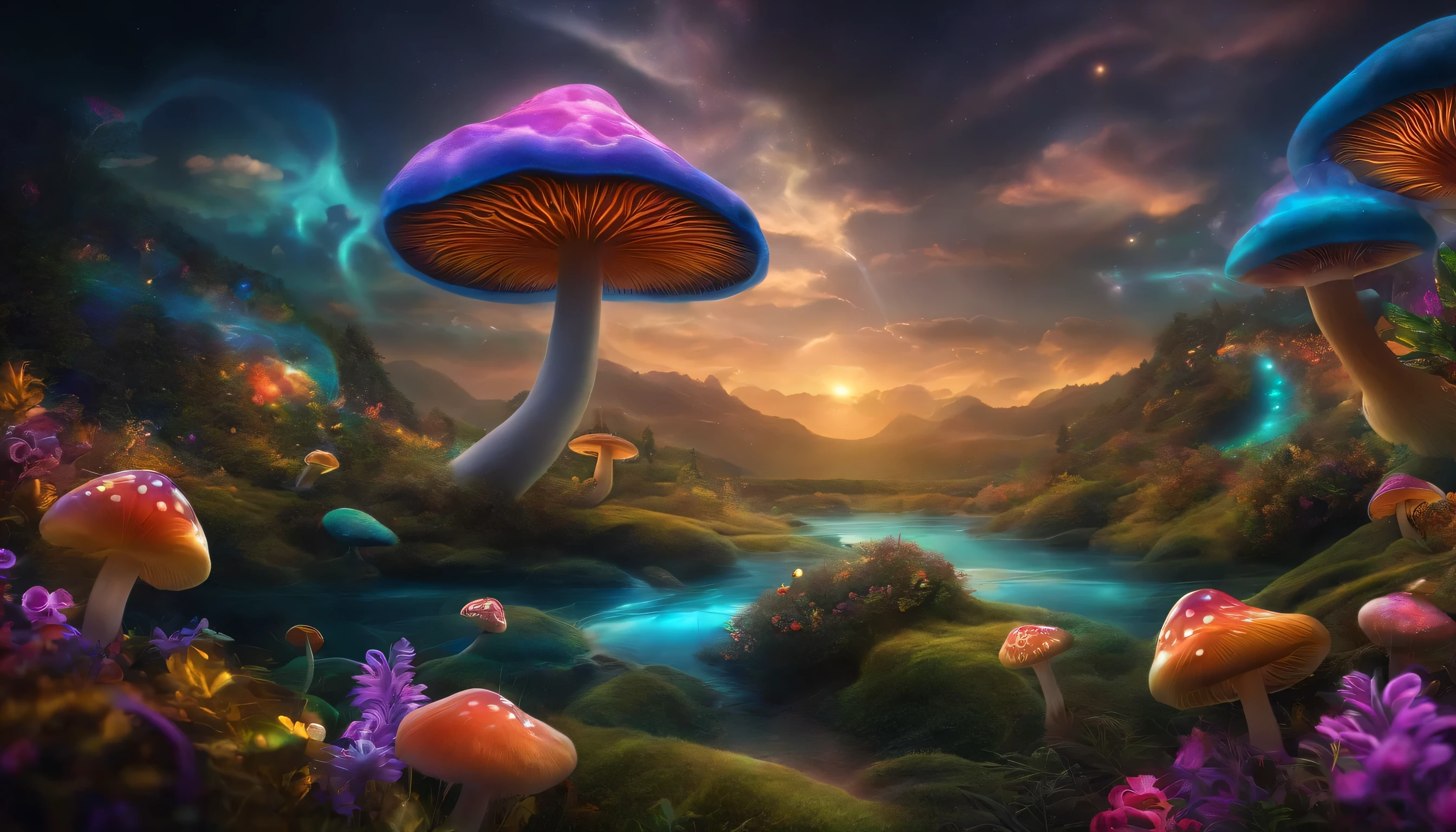 magic world, floating mushrooms, acid trip, lsd, very colourfull, and fractal