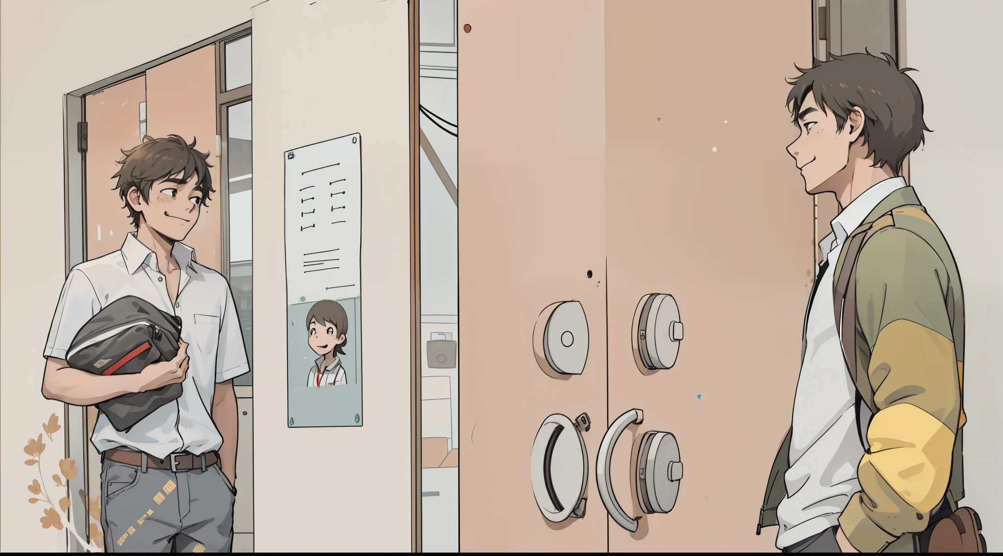 There are two young people, the one on the left is smiling mischievously and the one on the right is sad, they are at school, they are 18 years old.