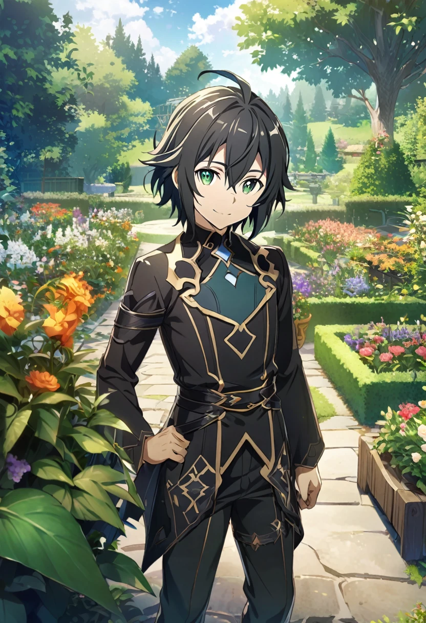 Hyakuya Mikaela \(Sword Art Online\), short brownish black hair, forest green eyes:1.2, dark costume, bangs, smiling gently, ((ultra-detailed)), ((illustration)), ((tidy hair)), (beautiful detailed eyes), male, 1boy, standing, ((garden, day, sky)), looking at viewer