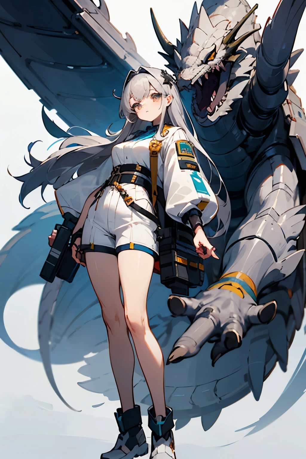 Girl with Dragon God Motif、Hero Costumes、Shorts、Thick、Gray hair straight long、White base、technology、technologyを使用したような衣装、Cool Costumes、Oversized clothing、Clothes like machines、Great arms