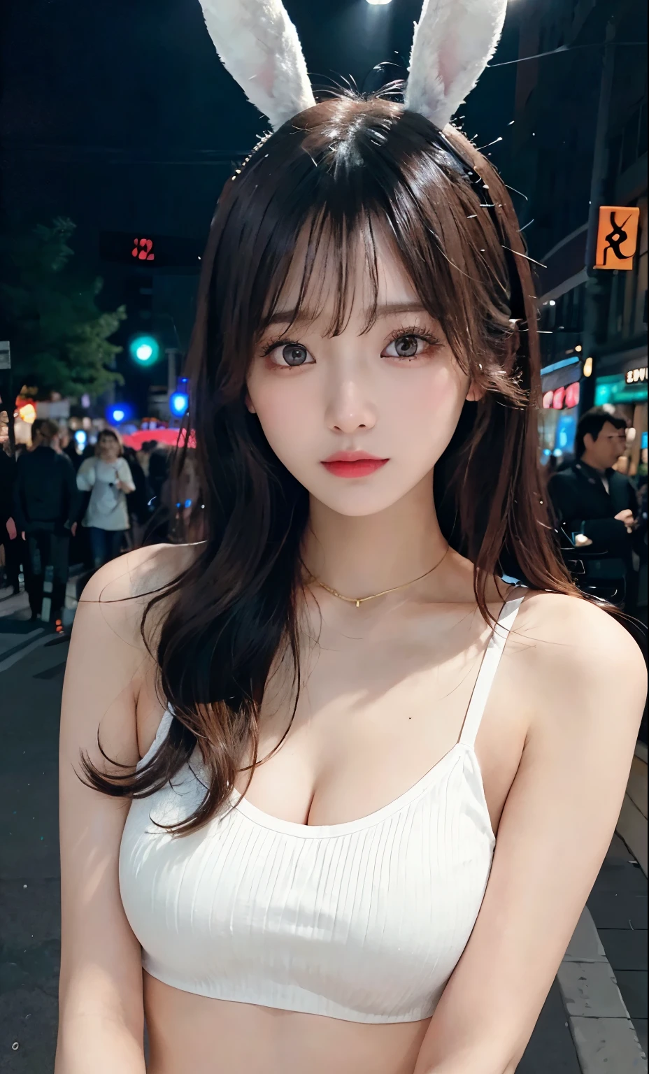 (Raw photography:1.2)、top-quality、a beautiful detailed girl、Bunny Girl、angry looking face、extremely detailed eye and face、Beautiful detailed eyes、huge filesize、hight resolution、hight resolution、8k wallpaper、finely detail、Highly detailed ticker uniform 8K wallpaper、Light on the Face、Movie Lighting、、sexy pose、(photorealisim:1.4)、illustratio、surrealism、 frombelow、super detailing、masterpiece、in a street, Night, Neon light, white t-shirts, no-bra, Black underwear, pokerface, front-facing view, is standing, in a crowd of people,