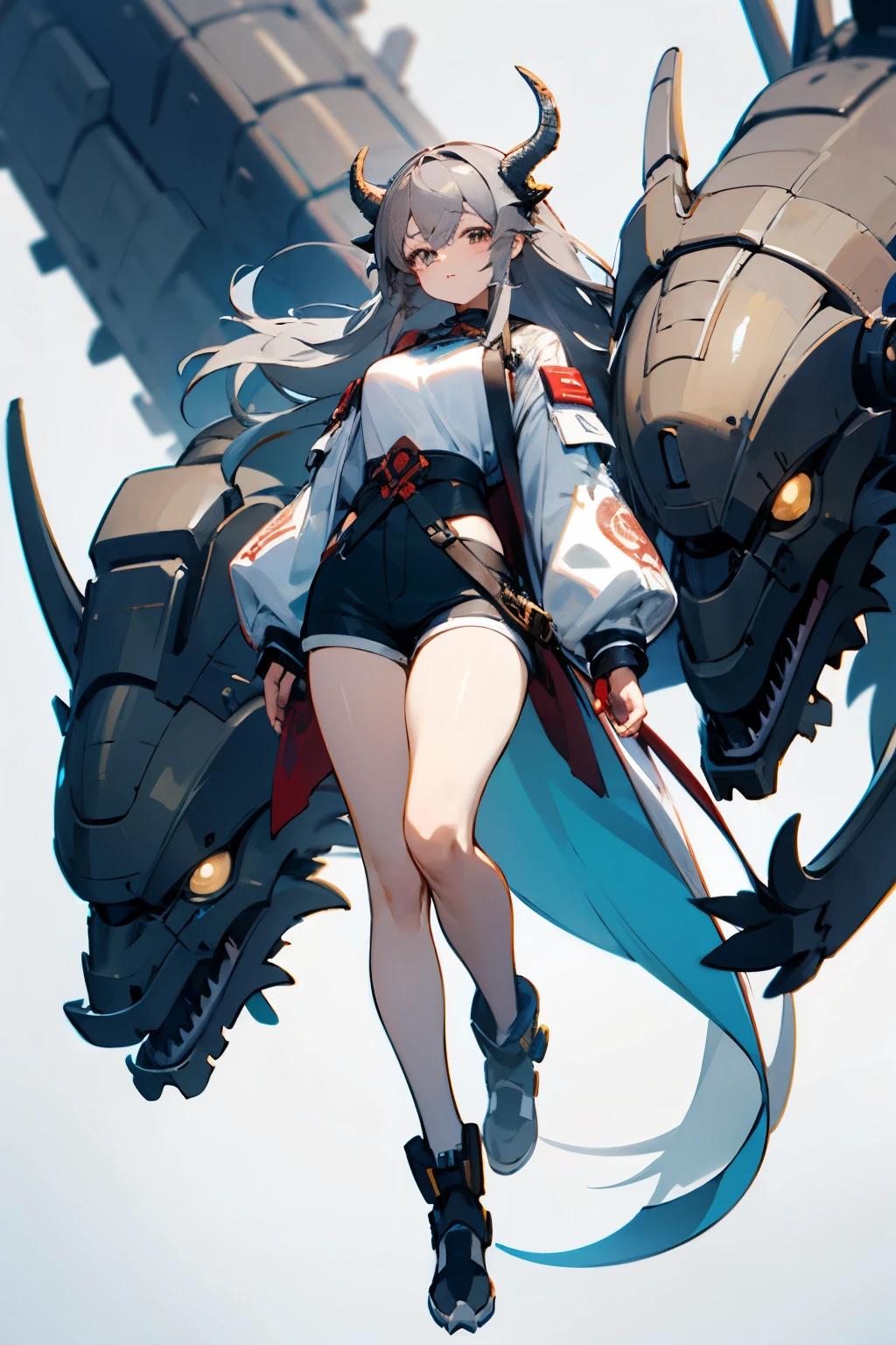 Girl with Dragon God Motif、Hero Costumes、Shorts、Thick、Gray hair straight long、White base、technology、technologyを使用したような衣装、Cool Costumes、Oversized clothing、Clothes like machines、Great arms