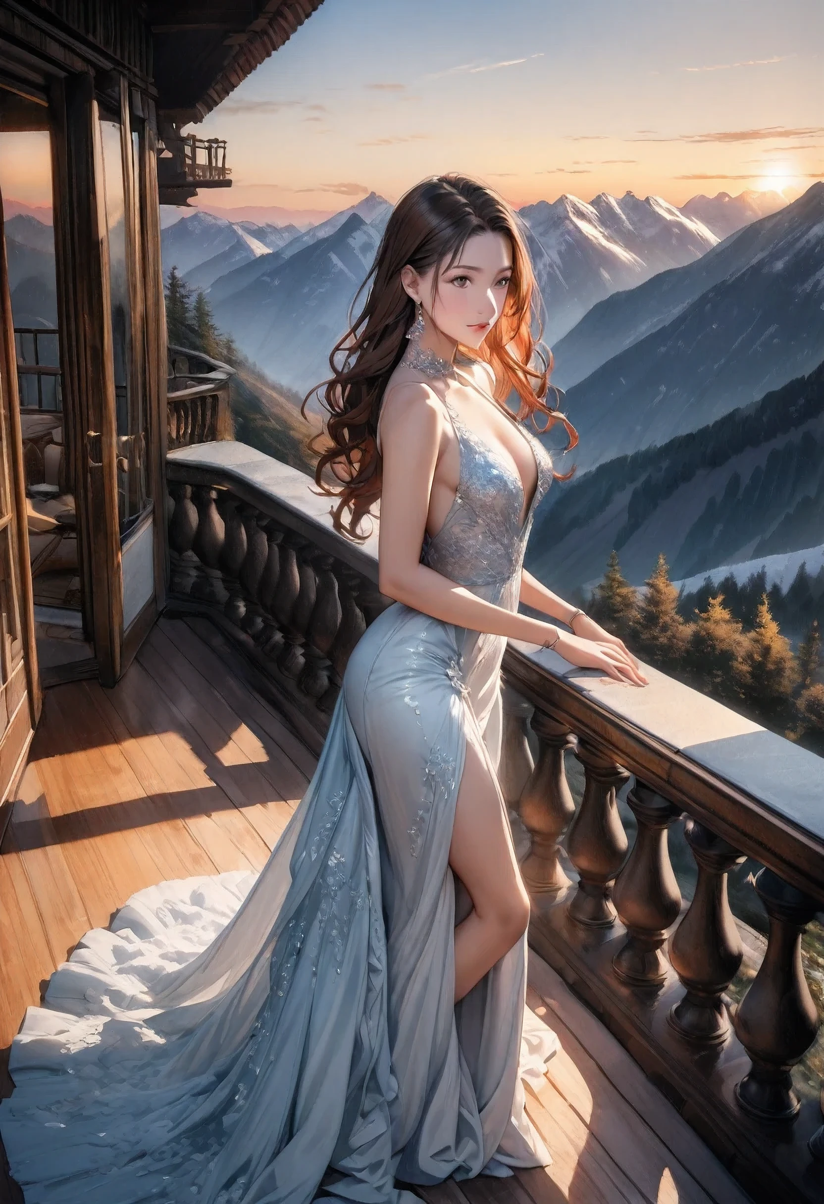 "The scene is set in the French Alps during a beautiful evening. A young woman of 20, with an incredible beauty, stands on a balcony overlooking the mountain range. She has auburn hair that falls in long, luxurious waves, and striking blue eyes. She is wearing a stunning evening gown that accentuates her figure and her, let's say, generously proportioned chest. The sun is setting, casting a reddish glow over the mountain peaks. A pair of eagles soars above the balcony, adding a touch of wildlife to this serene setting."
masterpiece, best quality,intricate details,realistic, extremely detailed 8k CG unity wallpaper, watercolor effect,