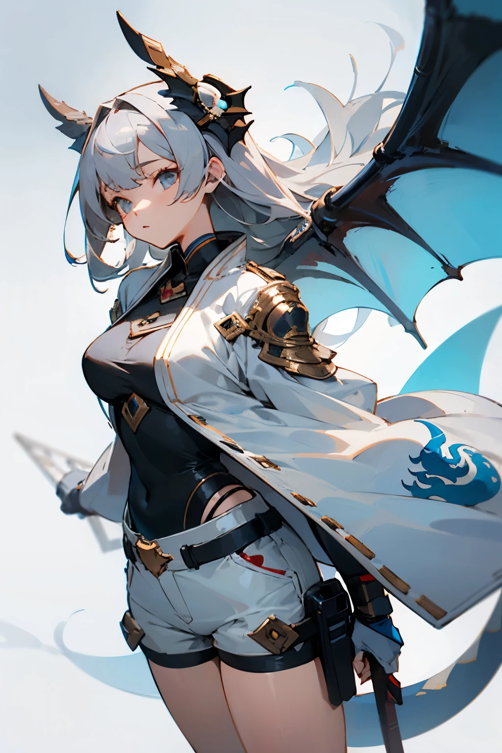 Girl with Dragon God Motif、Hero Costumes、Shorts、Thick、beautiful、Gray hair straight long、White base、technology、technologyを使用したような衣装、Cool Costumes、Oversized clothing、Great arms