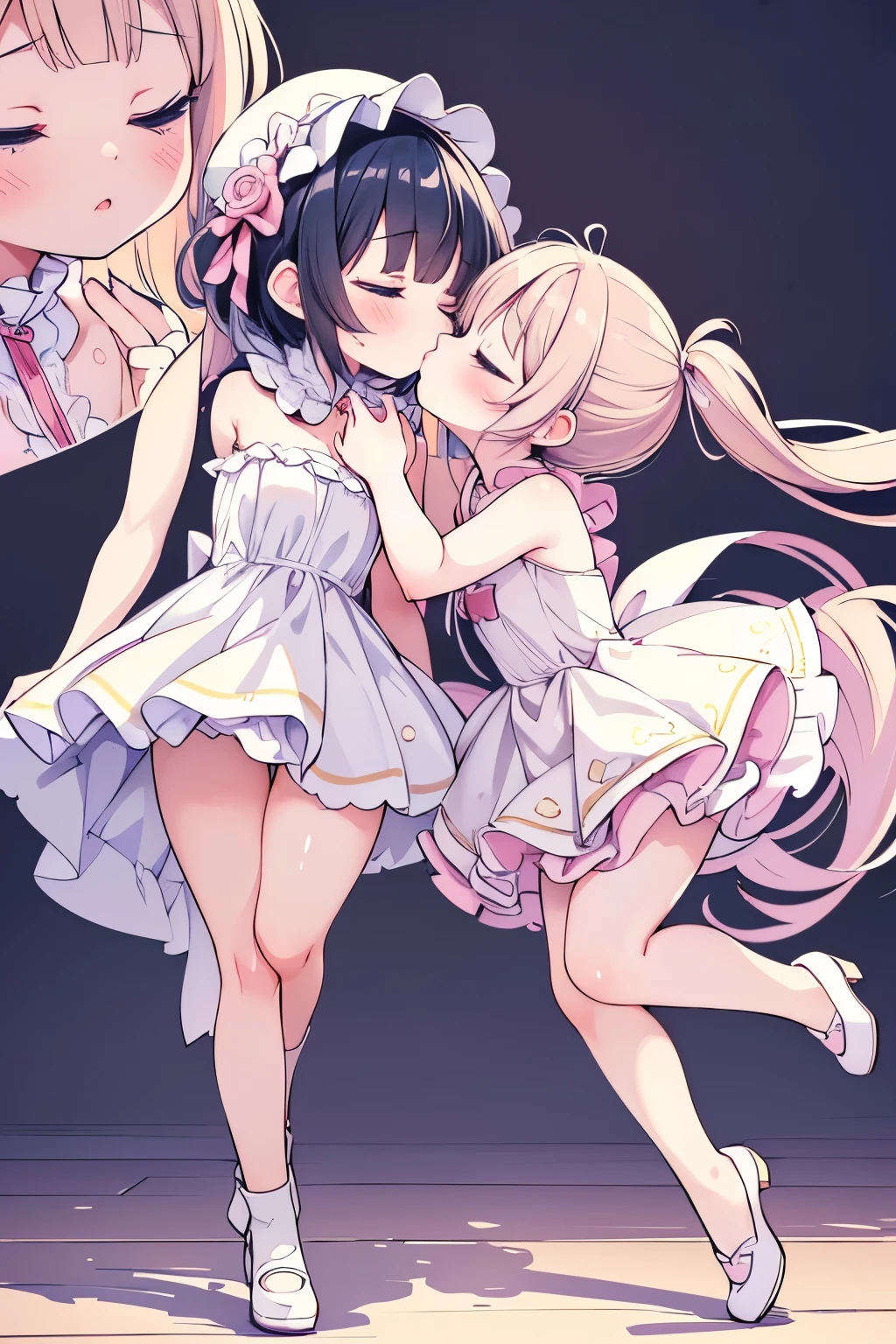 ((kawaii loli)), ((cute face)), ((cute eyes)), ((masterpiece:1.3)), ((top quality:1.3)), ((hyper detailed:1.3)), exquisite, beautiful and aesthetic, ((super fine)), super detailed skin, crisp, depth, realistic, ((8k)), ((high standard:1.3)), ((high resolution:1.3)), blush, ((thighs:1.3)), bear foot, ((full body)), ((strapless sleeveless dress)), ((closed eyes for kiss:1.3))