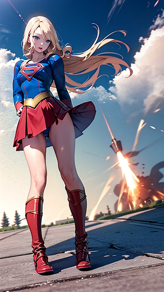 (full body),Low - Angle，Downから，Down，Big Butt Girl, Medium chest, Pose in front,upright， Anime Style，3D Rendering,( Supergirl)，Blonde，Long Hair，Blue eyes，Red Skirt，the skirt is short,，A blue leotard is visible under the skirt.，The skirt is blown up by the wind，