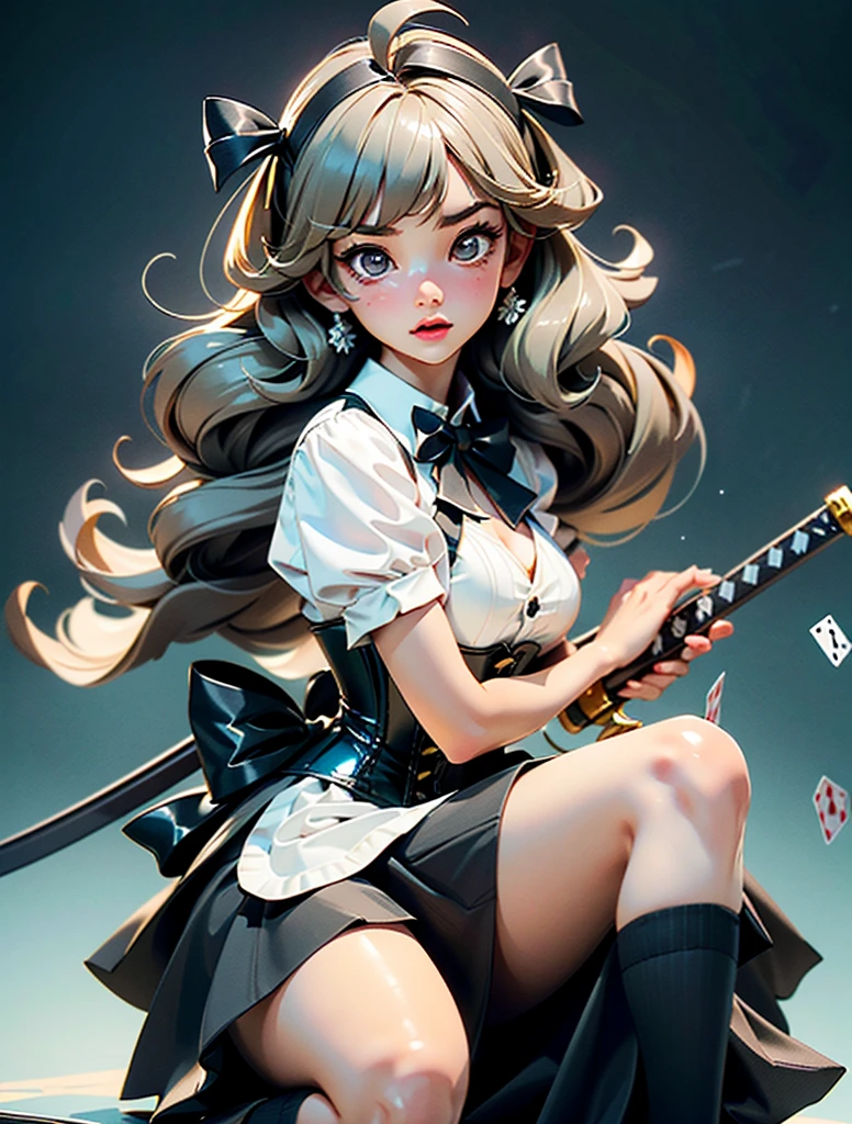 RAW Photos, Highest quality, High resolution, Realistic, One girl、Young Japanese Girl, 17 years old, Full body portrait, Expressionless, poker face, Stone Face, model, Big Breasts, short hair, Wavy Hair, Curly Hair, Gray Hair, Silver Hair, Light brown hair, Hollow Eyes, Hollow Eyes, ((Thin thighs)), Diagonal bangs, Cute Face, Shiny skin, Beautiful body, Beautiful Skin, concentrate , Naked from below, (school uniform, Lead Bow Tie, Black apron dress, Highly detailed corset, Gothic, Frill dress, Beautiful embroidery, (Long skirt:1.2):1.4),  (Skirt flip:1.5) show, underwear, simple underwear, (Squat、One knee:1.5)、(Spread legs、Spread your legs:1.5)、((Showing white panties))、Good lift、Full body portrait、Troubled face、climax、Excited、close your eyes、Open your mouth、Sword Drawing Technique, Battoujutsu