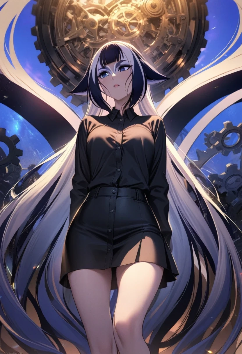 (shylily/(Twich/):1.5),(masterpiece:1.2),(best quality:1.2),Cool, maxiskit, Dress conservatively 1 cool, Solitary,  long hair, Black, blonde gear, Many gears close to girl, look at the audience, tease,  (Black shirt), (Button-down shirts)), ((Black skirt), (Short skirt)), permanent, Color Background, 
