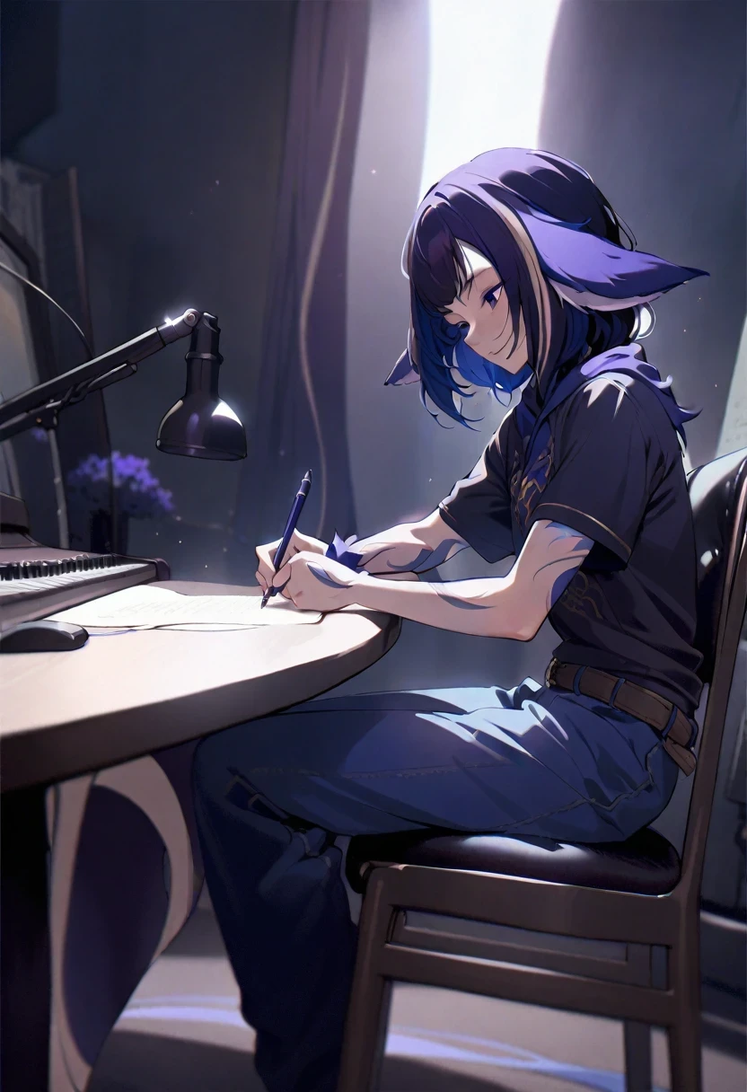 (shylily/(Twich/):1.5),(masterpiece:1.2),(best quality:1.2),Guitarist sitting on a chair，Writing songs in the studio/moody tone / Half-length photo