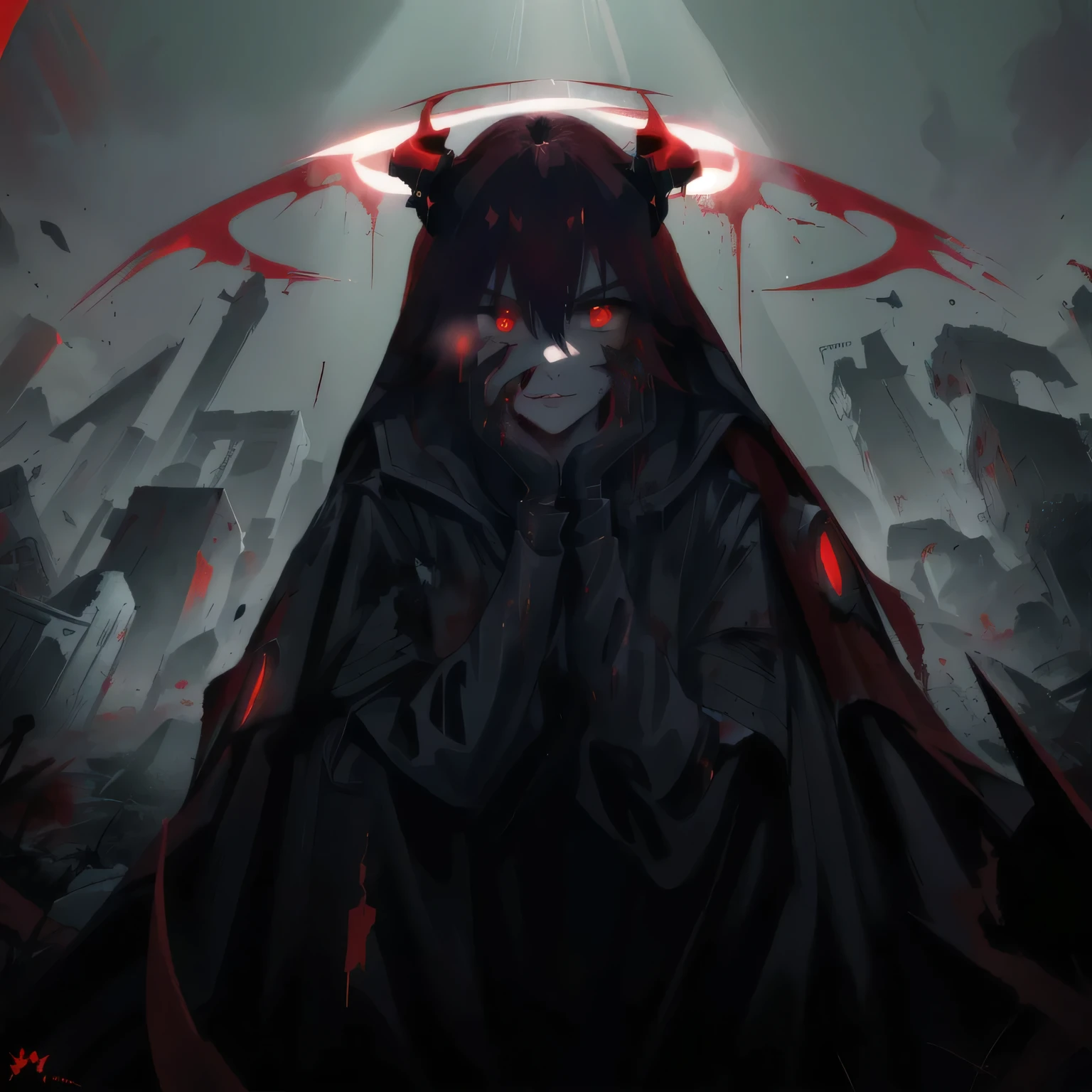 arafed image of a woman with a red cape and a halo, with red glowing eyes, with glowing red eyes, blood dripping from eyes, gapmoe yandere grimdark, red glowing eyes, fully red eyes, his eyes are bleeding intense, blood red eyes, with red eyes, his eyes are red and glowing, eyeless watcher, no face, thoughtful look while supporting his jaw with his hand.